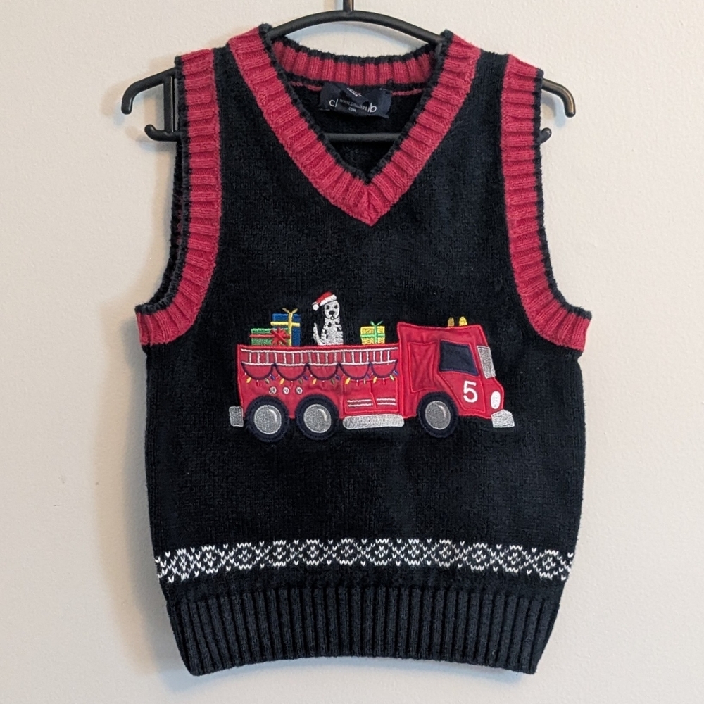 Vintage Y2K Class Club Christmas Sweater Vest Class Club Fire Truck Dog Sz 2/3